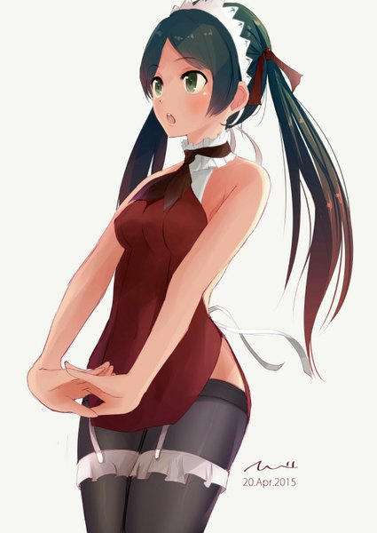 Anime picture 1131x1598 with kantai collection zuikaku aircraft carrier tebi (tbd11) single long hair tall image blush open mouth light erotic standing bare shoulders green eyes signed looking away red hair multicolored hair green hair maid gradient hair girl