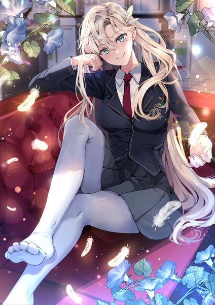 Anime picture 800x1132 with original chocho (homelessfox) single long hair tall image looking at viewer blush fringe breasts blonde hair smile hair between eyes large breasts sitting green eyes full body bent knee (knees) indoors head tilt pleated skirt