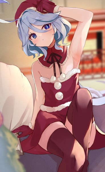 Anime picture 1576x2560 with genshin impact furina (genshin impact) pokeeeo o single tall image looking at viewer fringe short hair breasts blue eyes light erotic hair between eyes sitting silver hair ahoge head tilt arm up blurry armpit (armpits) depth of field