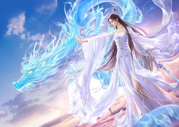 Anime picture 2122x1500 with zhu xian lu xueqi fan xiu single long hair fringe highres brown hair holding brown eyes looking away sky cloud (clouds) outdoors traditional clothes profile wind lips blurry realistic