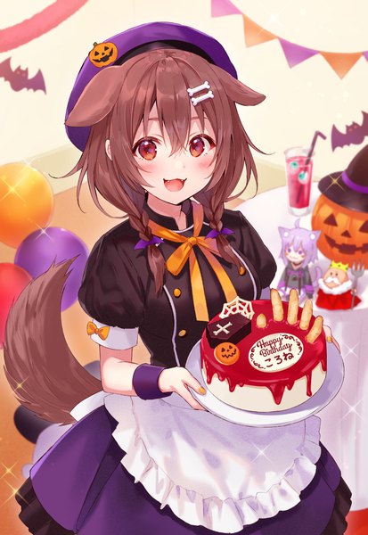 Anime picture 1410x2048 with virtual youtuber hololive nekomata okayu inugami korone fukahire (ruinon) single long hair tall image looking at viewer blush fringe open mouth hair between eyes red eyes brown hair animal ears tail braid (braids) animal tail from above