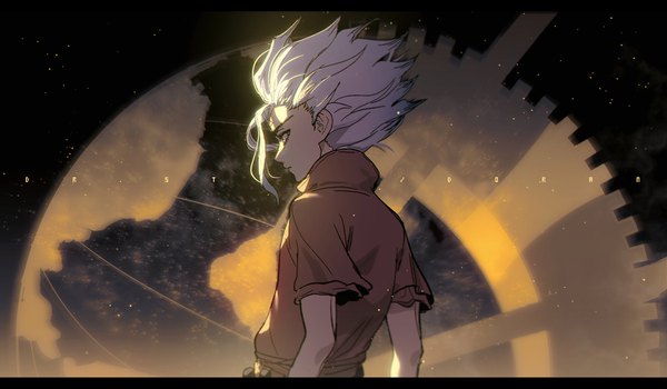 Anime picture 1500x875 with dr. stone ishigami senkuu doran7280 single short hair wide image looking away upper body white hair profile short sleeves letterboxed spiked hair boy