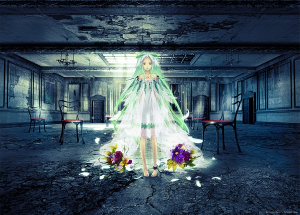 Anime picture 2450x1756 with beatless snowdrop redjuice single long hair highres bare shoulders green eyes barefoot green hair tattoo see-through silhouette girl dress flower (flowers) feather (feathers) chair bouquet room