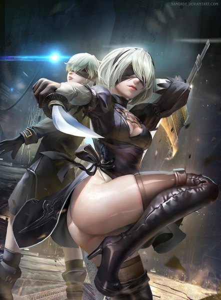 Anime picture 1700x2308 with nier nier:automata yorha no. 2 type b yorha no. 9 type s sangrde tall image looking at viewer fringe short hair breasts light erotic holding bent knee (knees) ass white hair lips realistic mole high heels watermark