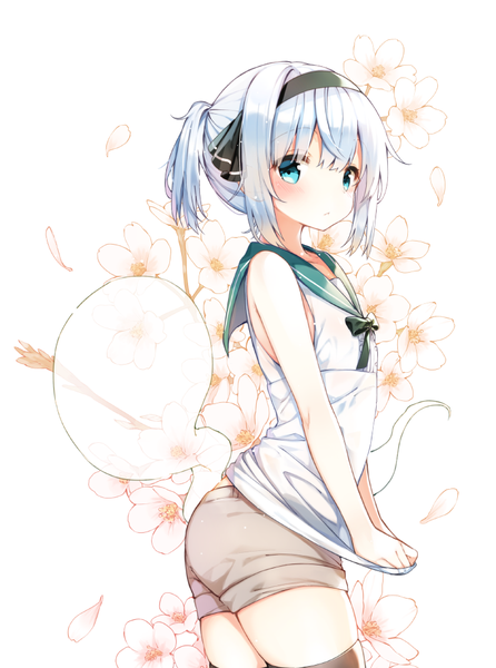 Anime picture 744x1000 with touhou konpaku youmu myon shnva single tall image looking at viewer blush fringe short hair breasts blue eyes simple background payot silver hair ass ponytail alternate costume thighs flat chest
