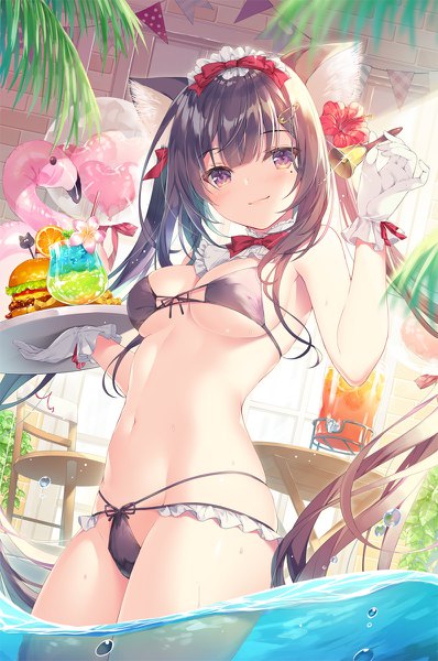 Anime picture 796x1200 with original miwabe sakura single long hair tall image looking at viewer blush fringe breasts light erotic smile brown hair large breasts standing twintails holding brown eyes animal ears blunt bangs head tilt