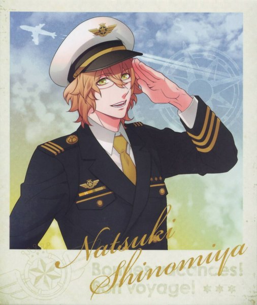 Anime picture 864x1024 with uta no prince-sama a-1 pictures shinomiya natsuki single tall image looking at viewer short hair blonde hair smile green eyes sky cloud (clouds) framed boy uniform shirt glasses necktie peaked cap blazer