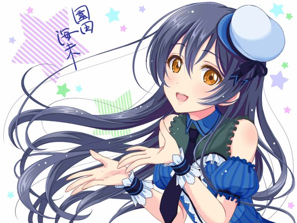 Anime picture 1024x768 with love live! school idol project sunrise (studio) love live! sonoda umi yuuki (yukinko-02727) single long hair looking at viewer blush open mouth smile bare shoulders blue hair teeth orange eyes girl hat detached sleeves star (symbol) wrist cuffs