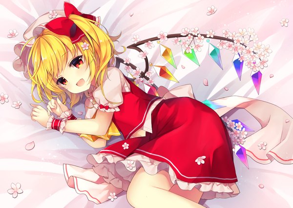 Anime picture 2097x1491 with touhou flandre scarlet ruhika single blush fringe highres short hair open mouth blonde hair smile red eyes lying :d short sleeves fang (fangs) one side up cherry blossoms on side vampire