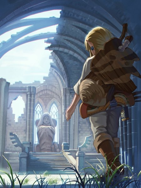 Anime picture 2250x3000 with the legend of zelda the legend of zelda: breath of the wild nintendo link saburou (jako) single tall image highres short hair blonde hair full body pointy ears from behind ruins boy plant (plants) grass knee boots statue