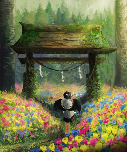 Anime picture 1250x1500 with touhou shameimaru aya fjsmu single tall image short hair black hair standing outdoors from behind short sleeves black wings scenic revision nature field overgrown girl skirt flower (flowers)