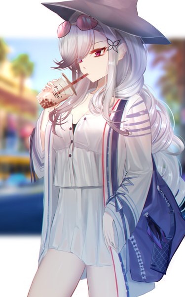 Anime picture 1200x1920 with azur lane dunkerque (azur lane) dunkerque (afternoon venus) (azur lane) dunkerque (afternoon aphrodite) (azur lane) eternity (shadeh) single long hair tall image fringe standing holding payot looking away outdoors pink eyes grey hair blurry hair over one eye open clothes wide sleeves