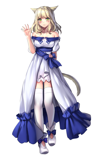 Anime-Bild 500x800 mit final fantasy final fantasy xiv square enix miqo'te aruma jiki single long hair tall image looking at viewer simple background blonde hair smile white background bare shoulders signed animal ears yellow eyes tail animal tail cat ears