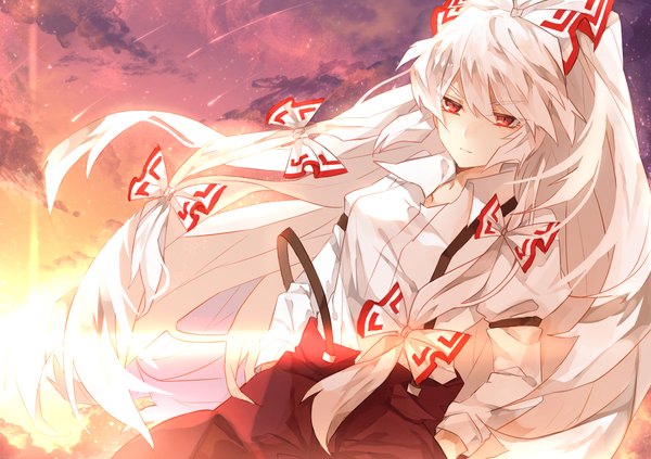 Anime picture 1100x777 with touhou fujiwara no mokou sweetroad single long hair fringe red eyes looking away sky white hair ponytail wind sunlight evening sunset hands in pockets girl bow hair bow shirt