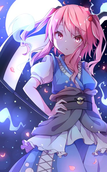 Anime picture 1000x1600 with touhou onozuka komachi nankotsu single tall image short hair standing looking away pink hair pink eyes two side up puffy sleeves hand on hip girl weapon petals moon full moon hair bobbles scythe