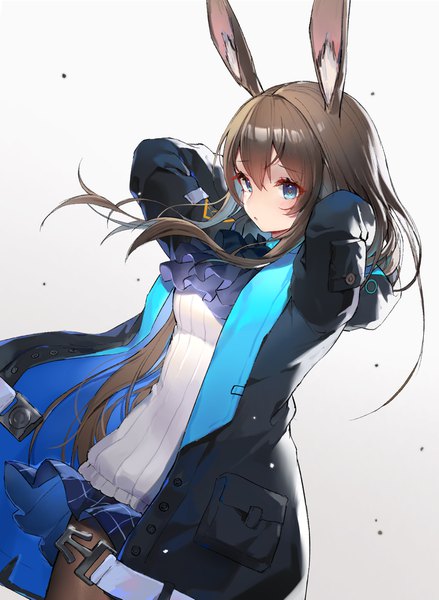 Anime picture 3358x4593 with arknights amiya (arknights) roro (shisi4656) single long hair tall image fringe highres blue eyes simple background hair between eyes brown hair animal ears absurdres open jacket bunny ears gradient background arms behind head girl jacket