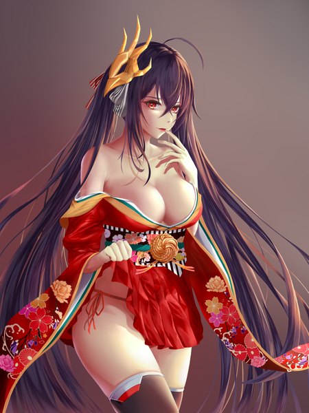 Anime picture 1772x2362 with azur lane taihou (azur lane) yuzuriha (pixiv 14248010) single long hair tall image fringe highres breasts open mouth light erotic black hair simple background hair between eyes red eyes large breasts standing twintails bare shoulders payot