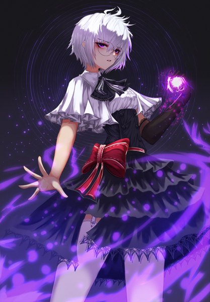 Anime picture 2695x3875 with original domi (hyaku8795) single tall image looking at viewer blush fringe highres short hair hair between eyes standing purple eyes silver hair parted lips magic aura girl thighhighs dress gloves