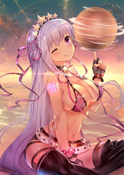 Anime picture 707x1000 with fate (series) fate/grand order bb (fate) (all) bb (swimsuit mooncancer) (fate) teddy (khanshin) single long hair tall image looking at viewer blush fringe breasts light erotic large breasts sitting purple eyes payot sky purple hair cloud (clouds)