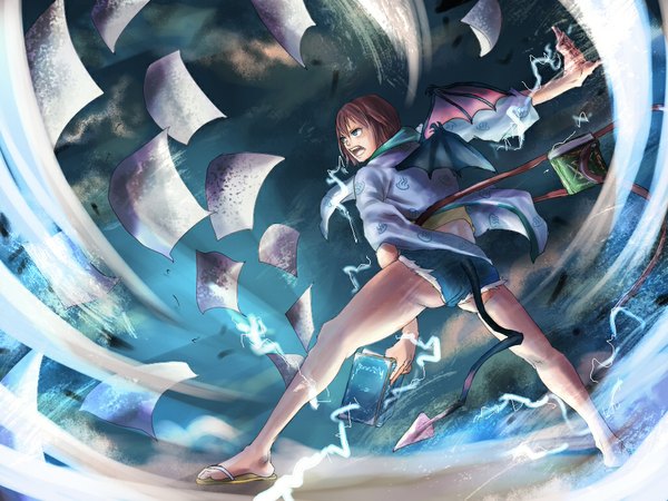 Anime picture 1024x768 with short hair brown hair tail wind magic demon tail demon wings wings shorts book (books) paper sandals homex