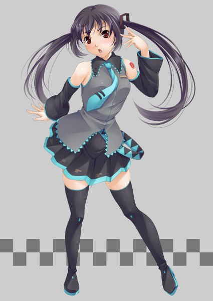Anime picture 860x1214 with k-on! kyoto animation nakano azusa mukunokino isshiki single long hair tall image looking at viewer blush open mouth black hair red eyes twintails zettai ryouiki cosplay hatsune miku (cosplay) girl thighhighs detached sleeves necktie