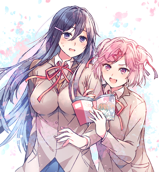 Anime picture 921x1000 with doki doki literature club yuri (doki doki literature club) natsuki (doki doki literature club) aicedrop long hair tall image blush fringe short hair breasts open mouth smile hair between eyes large breasts purple eyes multiple girls holding looking away pink hair purple hair