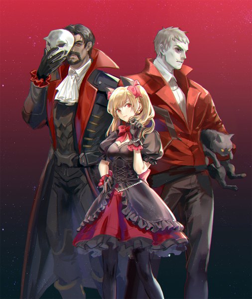 Anime picture 1200x1422 with overwatch blizzard entertainment d.va (overwatch) black cat d.va reaper (overwatch) soldier: 76 (overwatch) immortal soldier: 76 dracula reaper achyue long hair tall image looking at viewer short hair black hair blonde hair red eyes standing twintails holding animal ears