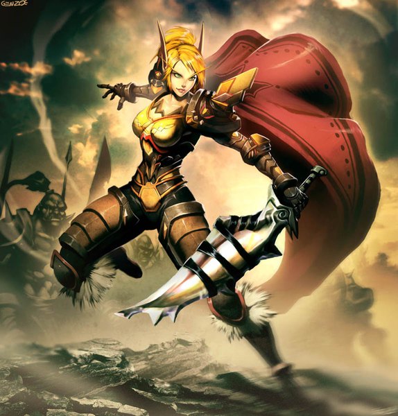 Anime picture 861x900 with world of warcraft warcraft blizzard entertainment blood elf paladin (warcraft) genzoman long hair tall image breasts blonde hair smile green eyes signed looking away sky cloud (clouds) full body ponytail pointy ears inscription