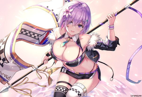 Anime picture 1500x1030 with fate (series) fate/grand order mash kyrielight cenangam single looking at viewer blush fringe short hair breasts open mouth light erotic simple background smile hair between eyes large breasts purple eyes bare shoulders holding signed