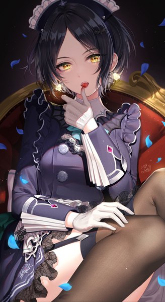 Anime picture 2309x4220 with idolmaster idolmaster cinderella girls idolmaster cinderella girls starlight stage hayami kanade mairo (ilo) single tall image looking at viewer fringe highres short hair breasts open mouth black hair sitting yellow eyes bent knee (knees) long sleeves head tilt fang (fangs)