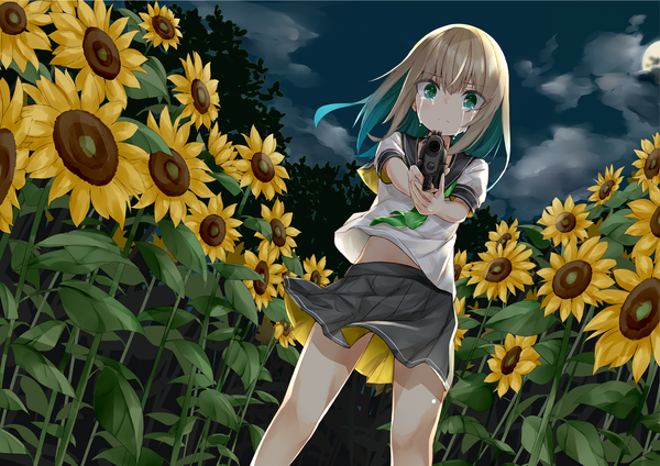 Anime picture 1414x1000 with original kavka single long hair looking at viewer blush fringe blonde hair hair between eyes standing holding green eyes cloud (clouds) blunt bangs pleated skirt green hair wind night bare legs from below