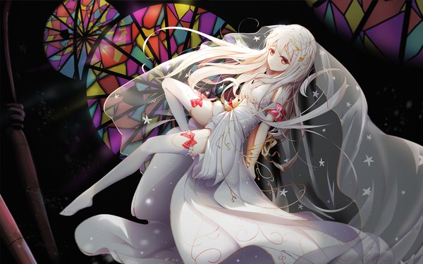 Anime picture 1920x1200 with original niharu single long hair highres red eyes looking away white hair dark background girl thighhighs dress ribbon (ribbons) bow white thighhighs white dress star (symbol) wedding dress wedding veil stained glass