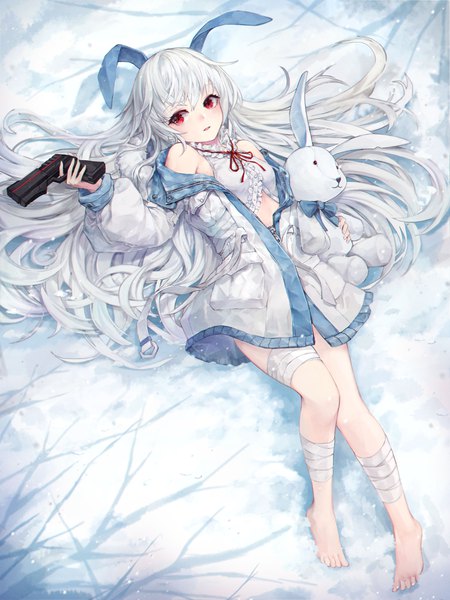 Anime picture 3000x4000 with original crystalherb single long hair tall image blush fringe highres open mouth hair between eyes red eyes bare shoulders holding animal ears looking away full body outdoors white hair lying barefoot