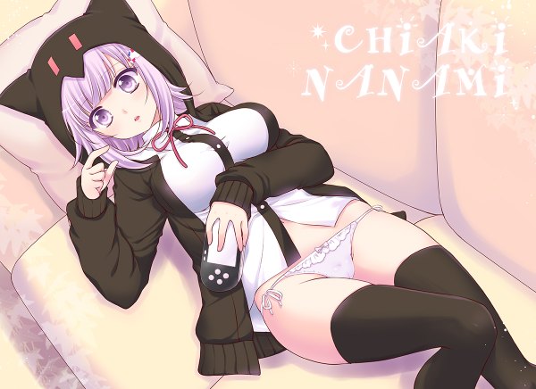 Anime picture 1200x872 with dangan ronpa super dangan ronpa 2 nanami chiaki petica single fringe short hair breasts open mouth light erotic purple eyes holding looking away purple hair bent knee (knees) lying open clothes open jacket on back girl