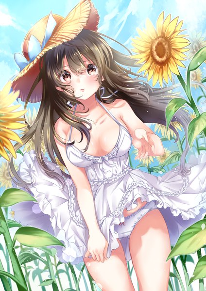 Anime picture 867x1227 with original mashiro aa single long hair tall image looking at viewer blush fringe breasts light erotic hair between eyes brown hair large breasts standing bare shoulders brown eyes payot sky cleavage cloud (clouds)