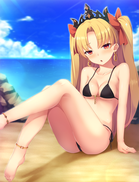 Anime picture 762x1000 with fate (series) fate/grand order ereshkigal (fate) momo no kanzume single long hair tall image blush breasts light erotic blonde hair red eyes sky cloud (clouds) two side up beach underboob horizon leg lift (legs lift) girl