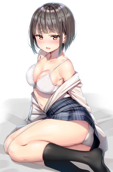 Anime picture 919x1400 with original reinama single tall image looking at viewer blush short hair breasts open mouth light erotic brown hair sitting brown eyes cleavage off shoulder fang (fangs) open shirt embarrassed no shoes thighs