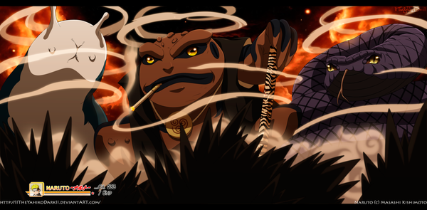 Anime picture 1280x630 with naruto studio pierrot naruto (series) katsuyu (naruto) gamakichi aoda (naruto) iitheyahikodarkii wide image yellow eyes inscription night sky coloring letterboxed smoke animal star (stars) fire snake pipe frog