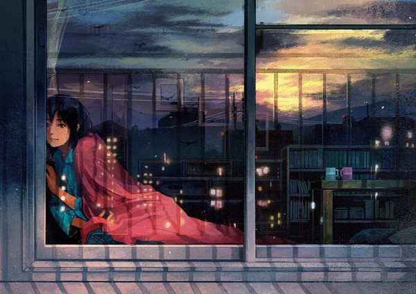 Anime-Bild 2263x1600 mit original gemi single looking at viewer fringe highres short hair black hair brown eyes sky cloud (clouds) shadow tears evening reflection sunset mountain reclining crying city lights