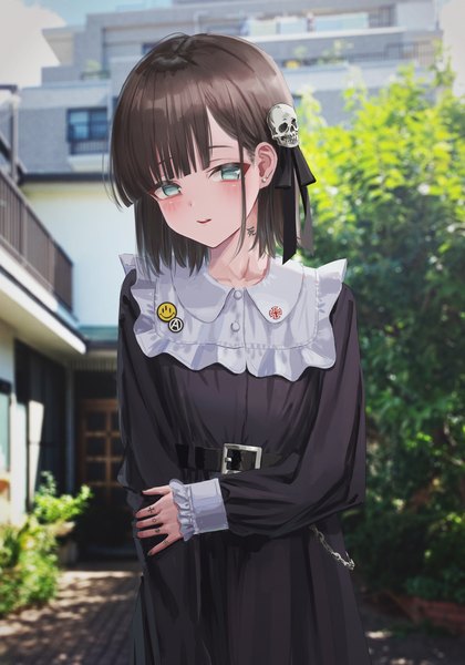 Anime picture 2466x3526 with original nadegata single tall image looking at viewer blush highres short hair open mouth smile brown hair standing green eyes outdoors long sleeves photo background girl dress hair ornament earrings
