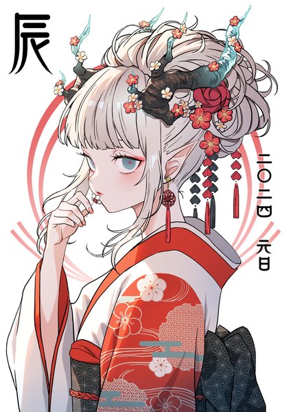 Anime picture 707x1000 with original utsuse single long hair tall image fringe white background payot looking away silver hair blunt bangs traditional clothes japanese clothes horn (horns) pointy ears grey eyes new year expressionless dragon girl 2024