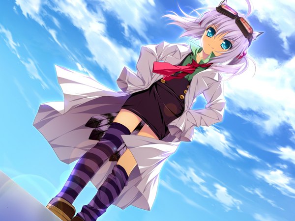 Anime picture 1600x1200 with otomimi infinity (game) dr.foresuto single short hair blue eyes animal ears game cg cloud (clouds) white hair girl thighhighs striped thighhighs