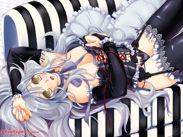 Anime picture 1365x1024 with galge.com light erotic yellow eyes silver hair very long hair otoko no ko girl thighhighs black thighhighs corset