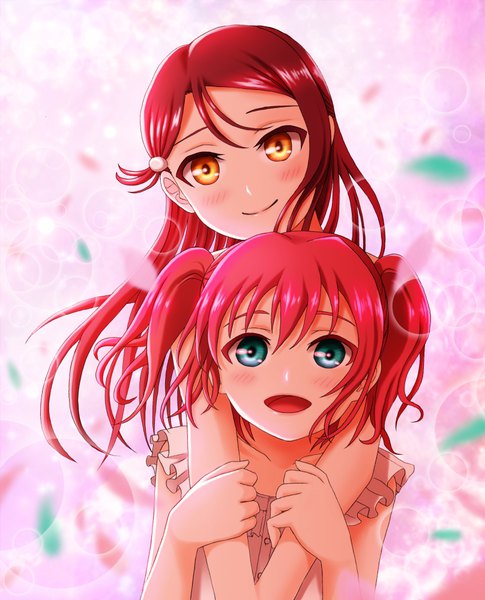 イラスト 808x1000 と ラブライブ!サンシャイン!! サンライズ love live! 桜内梨子 黒澤ルビィ 江野たと 長髪 長身像 カメラ目線 赤面 前髪 短い髪 開いた口 笑顔 hair between eyes multiple girls 黄色眼 赤髪 head tilt aqua eyes