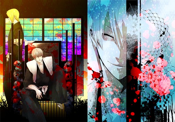 Anime picture 1295x906 with bleach studio pierrot ichimaru gin kira izuru ene0 (artist) looking at viewer short hair blue eyes blonde hair smile standing sitting white hair eyes closed traditional clothes japanese clothes profile one eye closed wink multiple boys