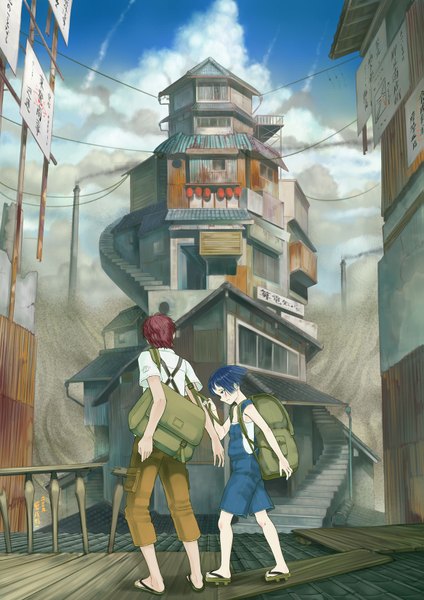 Аниме картинка 1167x1650 с оригинальное изображение kaichi aihara высокое изображение румянец короткие волосы каштановые волосы синие волосы профиль сзади девушка мужчина здание (здания) лестница рюкзак полукомбинезон