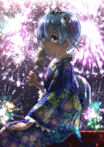 Anime picture 1032x1457 with re:zero kara hajimeru isekai seikatsu white fox rem (re:zero) uenoryoma single tall image looking at viewer blush fringe short hair blue eyes smile hair between eyes sitting holding signed blue hair upper body outdoors traditional clothes