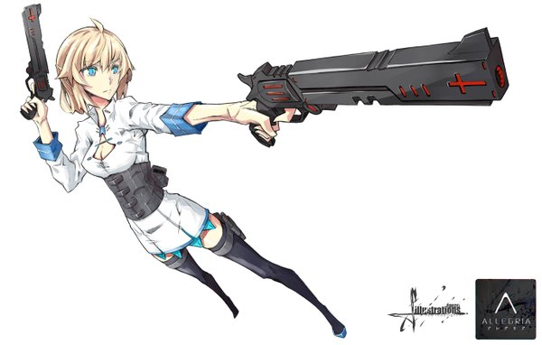 Anime picture 1375x877 with original firecel single fringe short hair breasts blue eyes simple background blonde hair standing white background holding looking away cleavage from above outstretched arm dual wielding girl thighhighs weapon