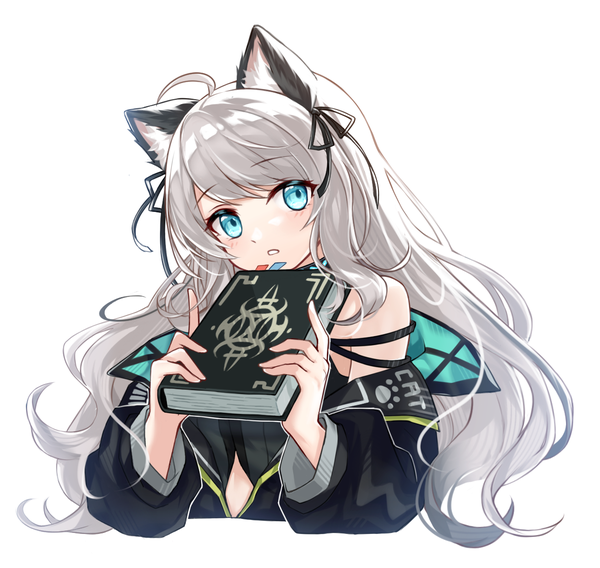 Anime picture 1197x1134 with arknights mint (arknights) lalihop single long hair blue eyes simple background white background holding animal ears looking away silver hair upper body ahoge cat ears girl ribbon (ribbons) hair ribbon book (books)
