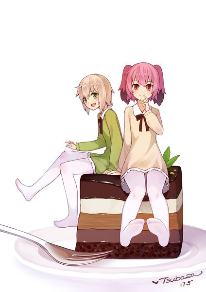 Anime picture 2480x3507 with kantai collection shimushu (kantai collection) kunashiri (kantai collection) tsubasa tsubasa tall image looking at viewer highres short hair blonde hair red eyes white background sitting twintails multiple girls green eyes signed pink hair long sleeves no shoes dated